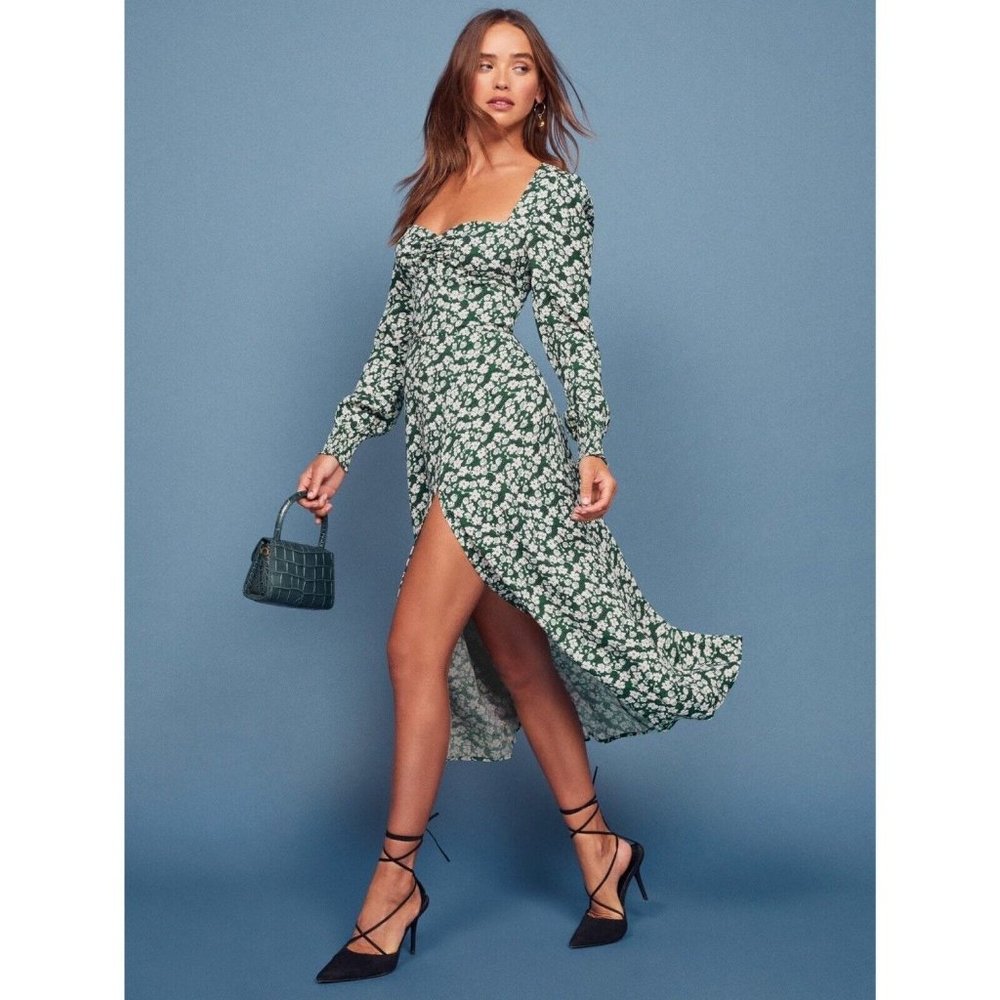 Reformation Wallflower Dress Cilantro Green Floral Size 12 Midi Long Sleeve